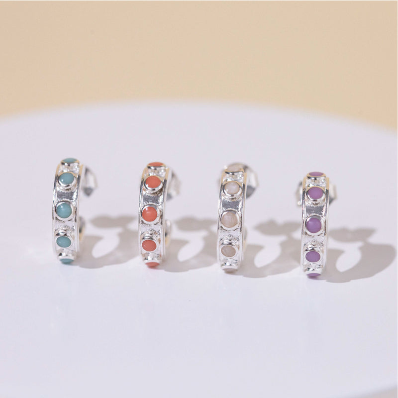 4 Damen Ohrring Stecker Silber mit Perlenverzierung in den Farben türkis, Pfirsich, weiß und lila