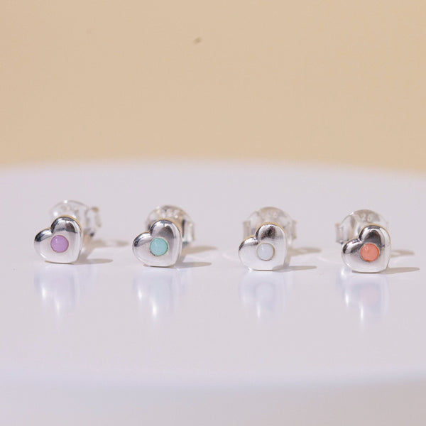 Damen Silber Ohrring Stecker Herz mit Kugel in 4 Farben. Lila, Türkis, Weiß, Pfirsich.