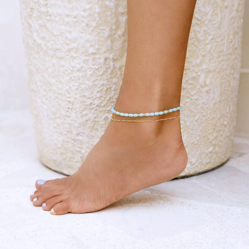 Damen Gold Fußkette und Perlenkette aus türkisen Perlen