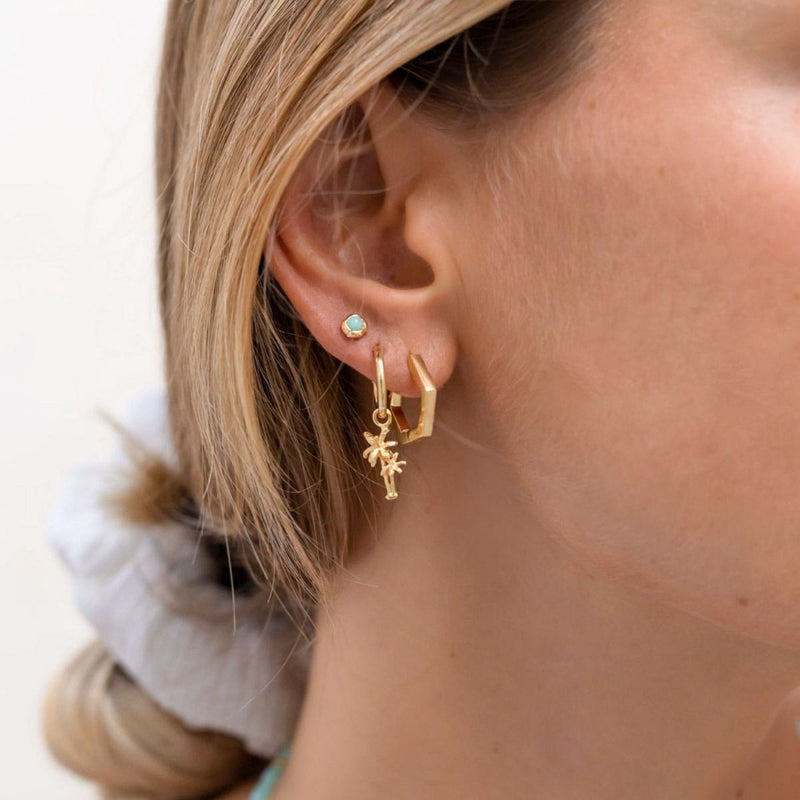 Damen Gold Ohrring in Hexagon Form und Creolen Ohrring mit Palmen-Anhänger