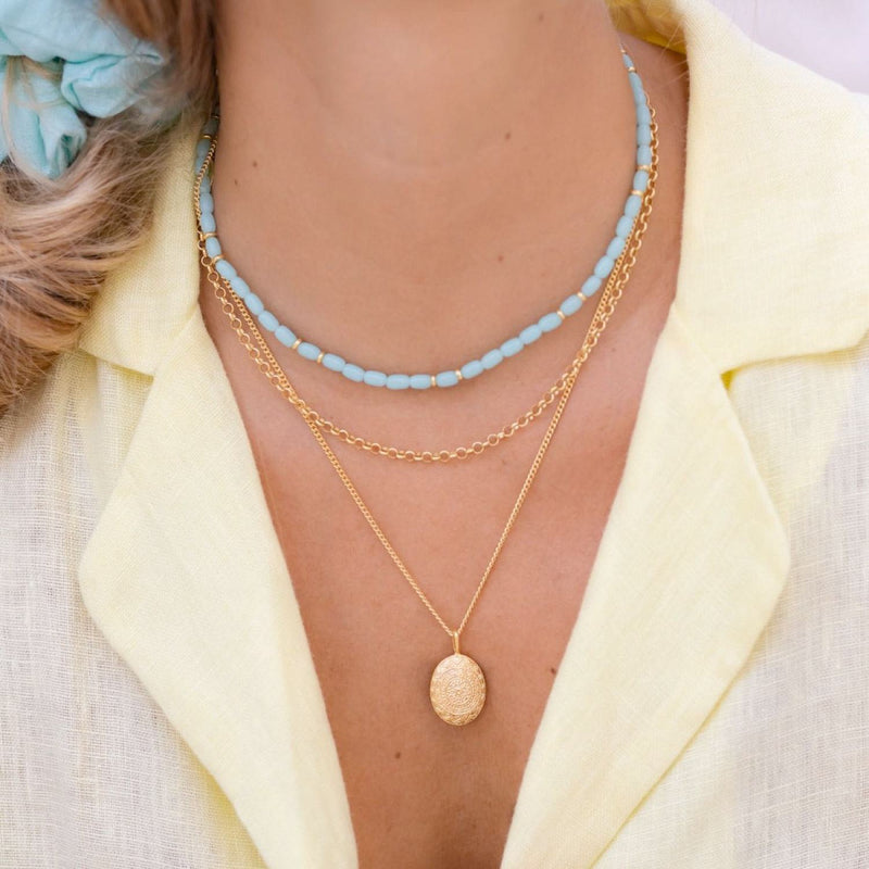 Damen Gold Halskette mit grober Kettenstruktur ohne Anhänger mit türkiser Perlen Halskette