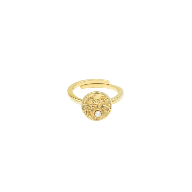 Damen Gold Ring mit Korallen und einer Perle auf der Vorderseite