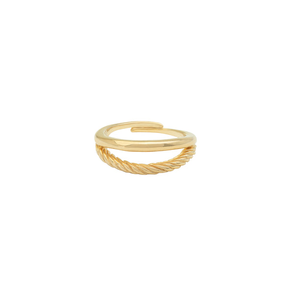 Damen Gold Ring mit zweigeteilter Vorderseite. Glatt und Wellenmuster.