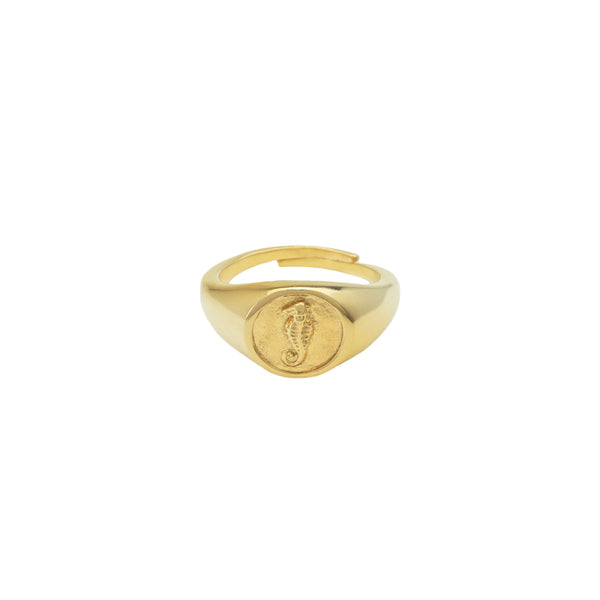 Damen Gold Ring mit Seepferdchen Motiv auf der Vorderseite